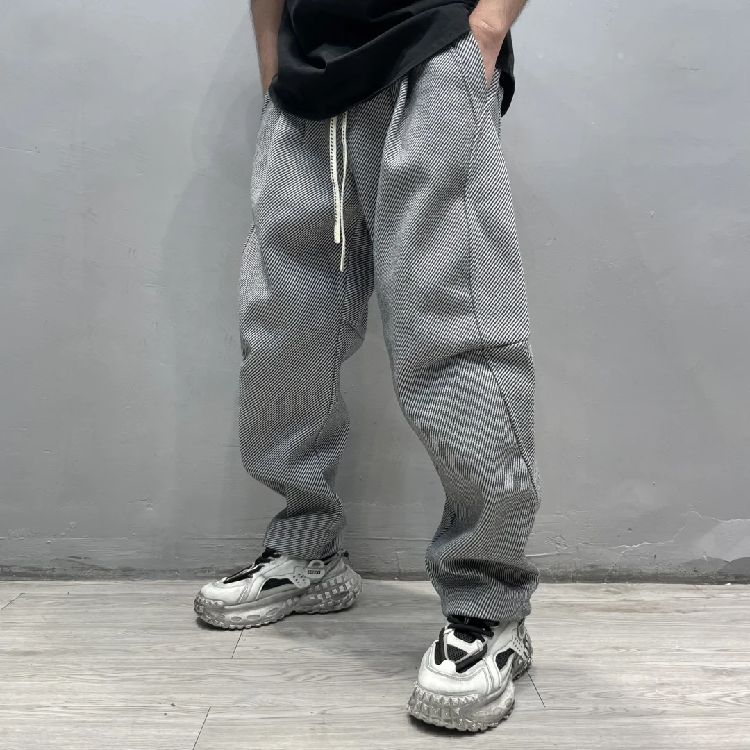 空气蛹K082时尚潮流宽松简约百搭立裁加绒加厚条纹直筒小脚休闲裤