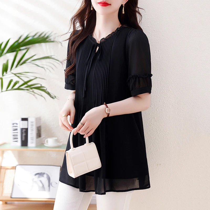黑色洋气减龄雪纺衬衫女2025夏季新款宽松大码遮肚子显瘦系带上衣