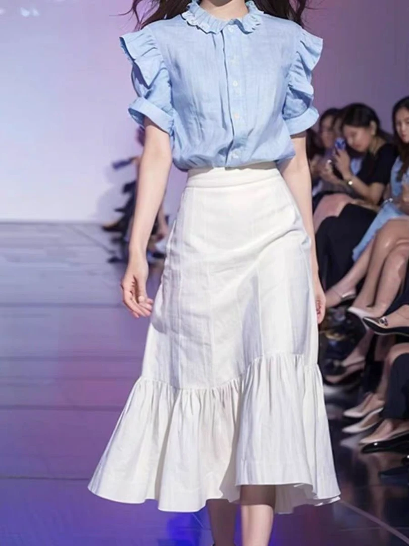 2025 清新别致 洋气衬衫女 高腰减龄 半身裙夏季时尚套装 两件套