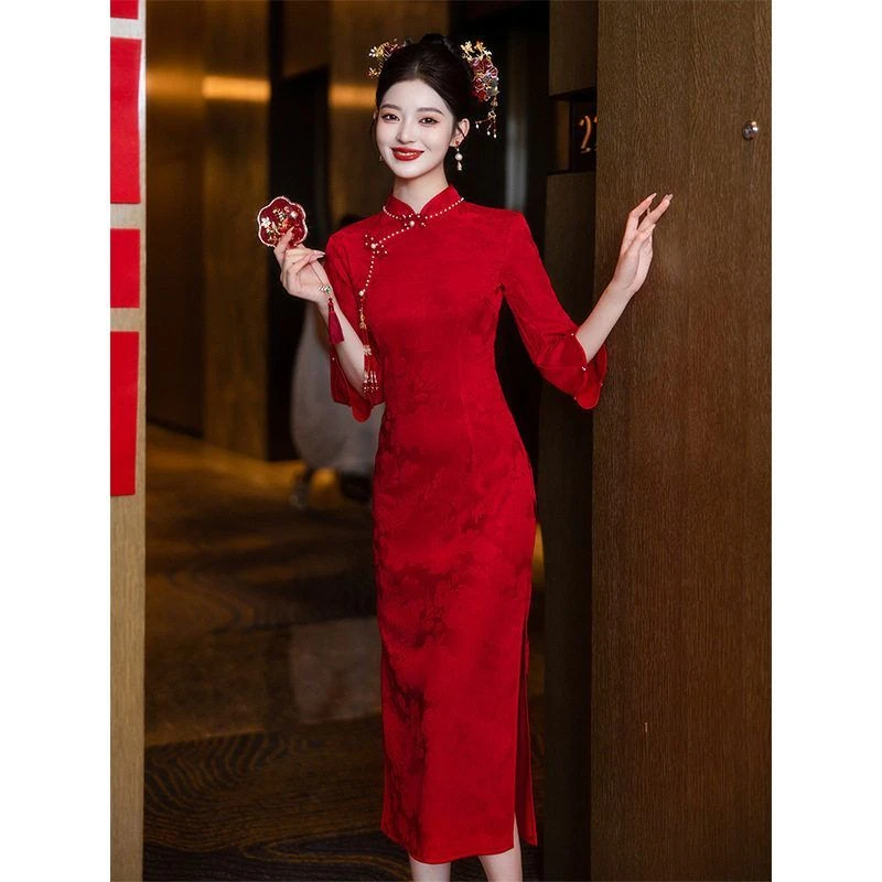 秋季红色新娘改良新中式显瘦旗袍年轻少女订婚结婚敬酒回门礼服