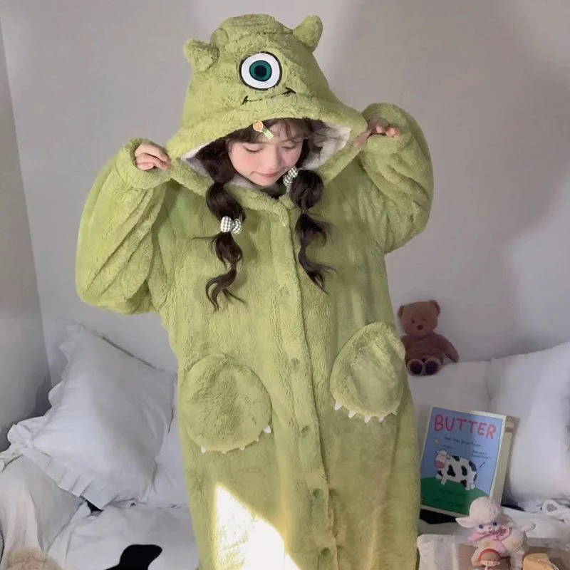 儿童秋冬睡衣珊瑚绒加绒加厚大眼仔浴睡袍中大童法兰绒家居服套装