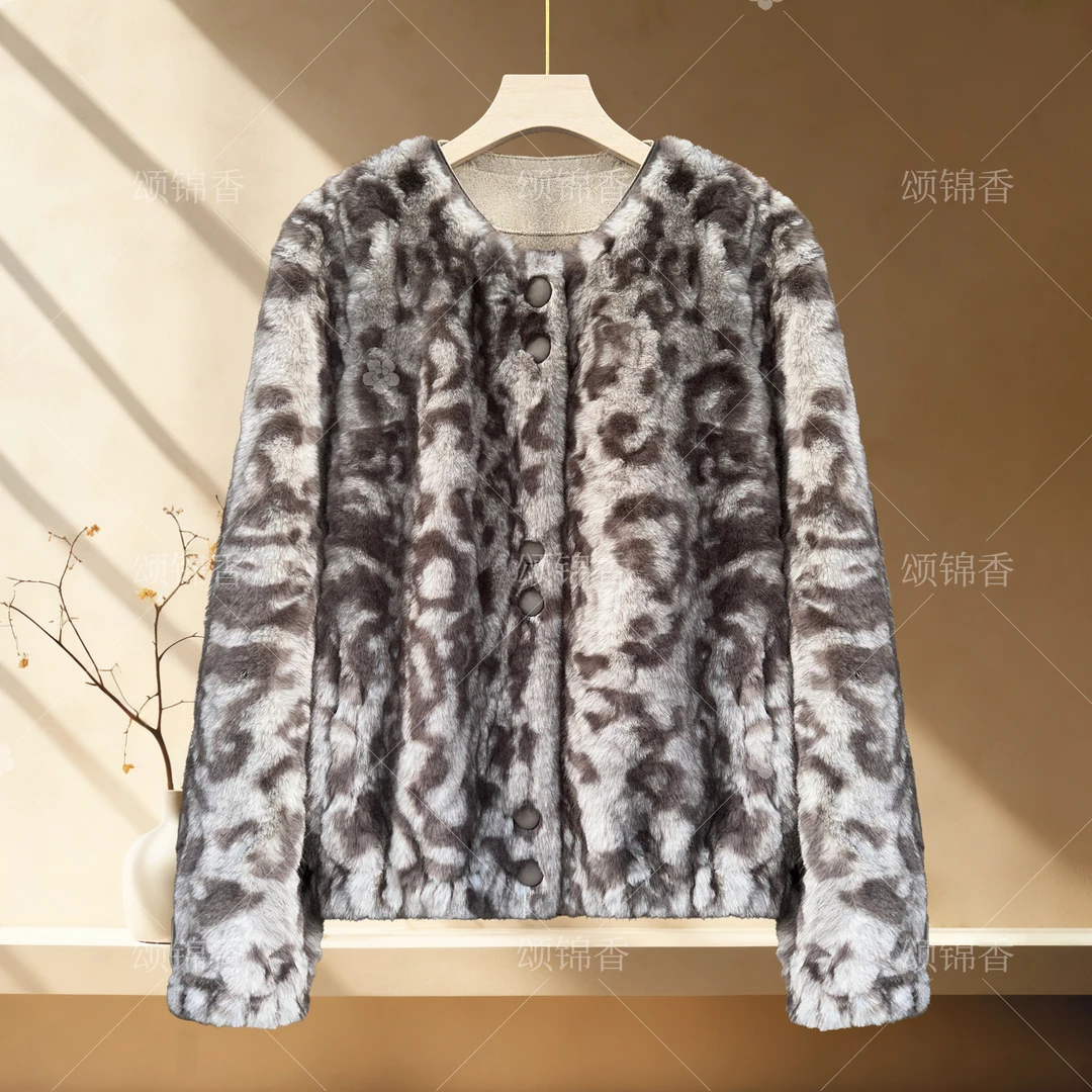 【香】Q3309新中式轻豹纹皮领秋冬加厚毛毛外套显瘦保暖长袖