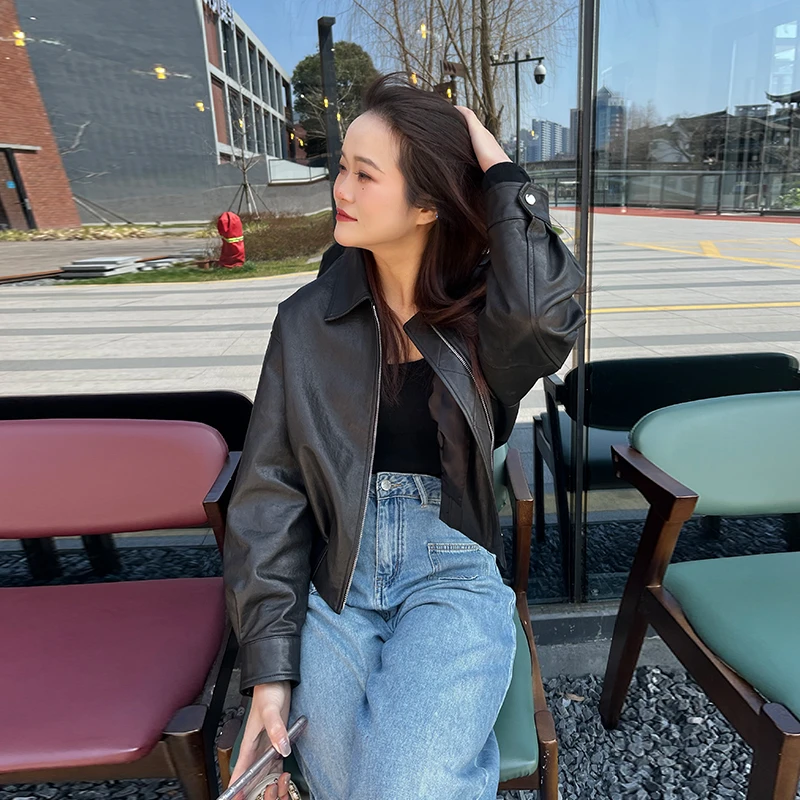 杨幂同款皮衣外套女爆款2025新款春时尚真皮绵羊皮美式百搭短夹克