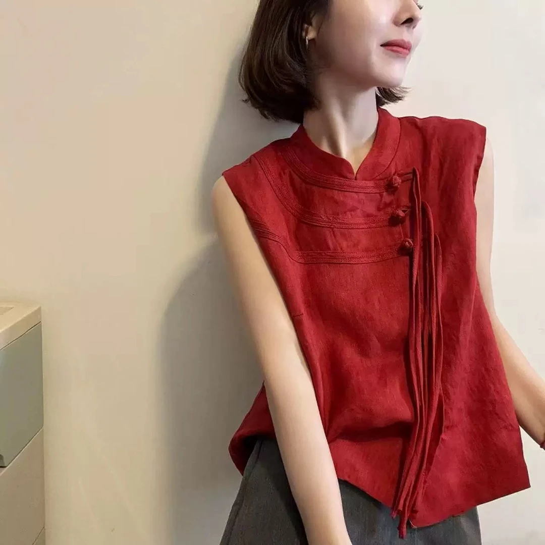 新中式国风亚麻流苏盘扣马夹女装夏新款别致漂亮立领马甲短款上衣