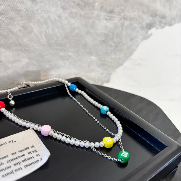 铜合金仿珍珠项链 双层m字母项链XL3318（两条）