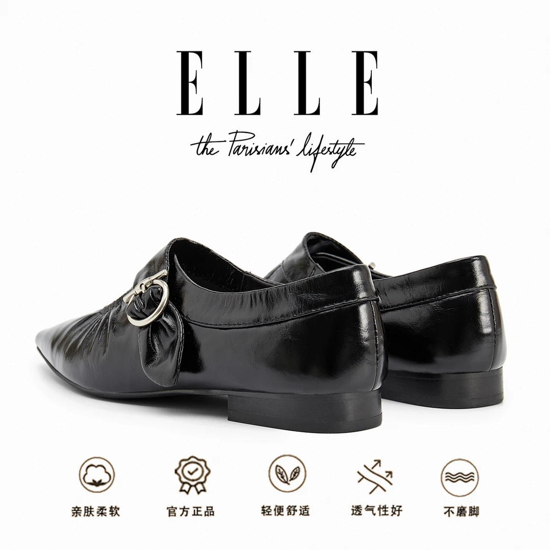ELLE法式褶皱软皮浅口增高玛丽珍女鞋一字扣尖头平底单鞋芭蕾舞鞋