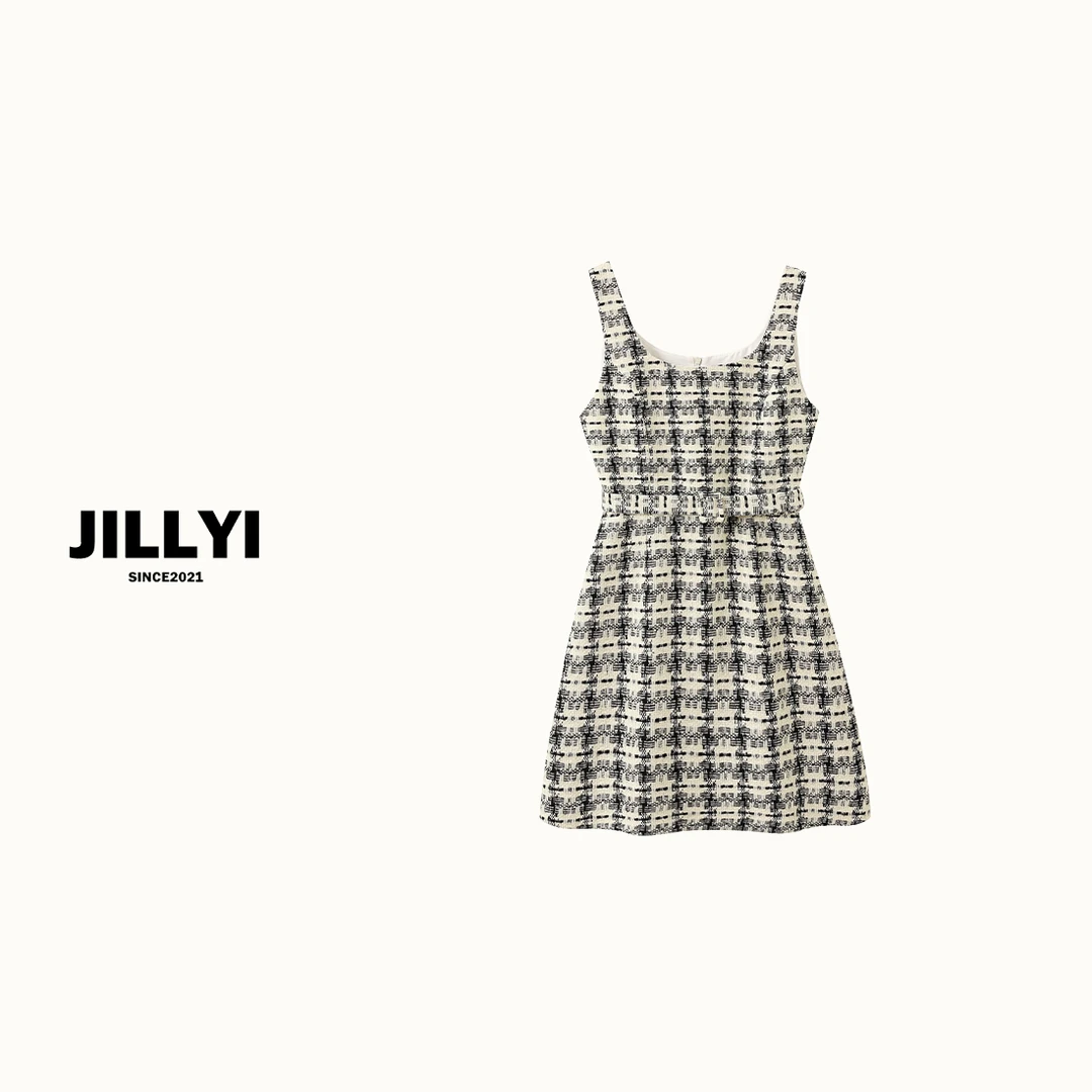 JILLYI南山店【英式格纹】黑色格子U型领韩系时尚连衣裙夏季气质百
