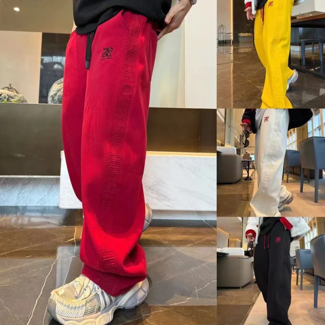 冬季新款蛇形刺绣阔腿裤男时尚加绒休闲裤百搭宽松侧带宽松直筒裤