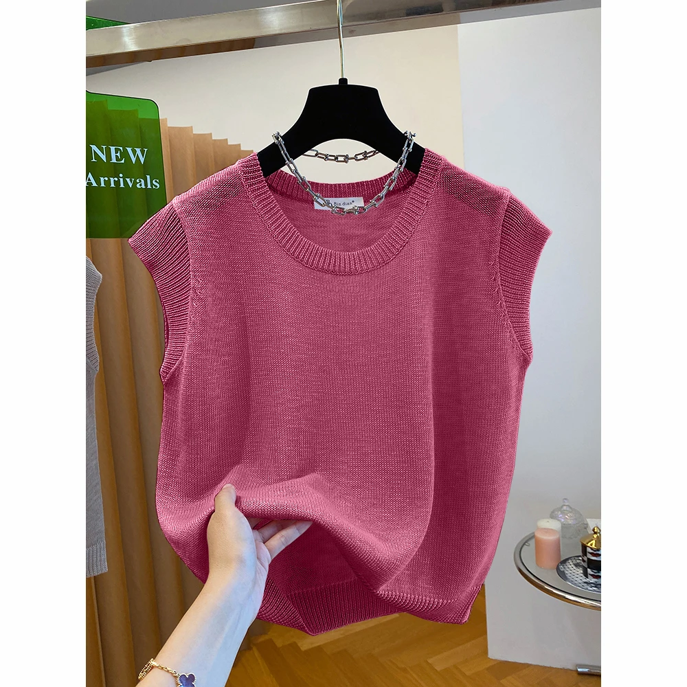 胖妹妹大码纯色百搭针织衫上衣女夏季新款宽松显瘦飞飞袖短款背心