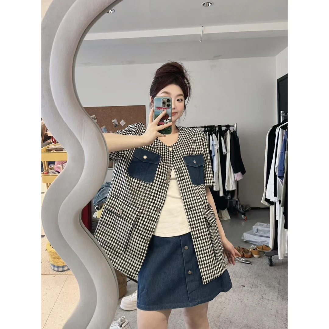 晶咕【文艺复兴】撞色口袋拼千鸟格短袖外套+高腰A字短裙