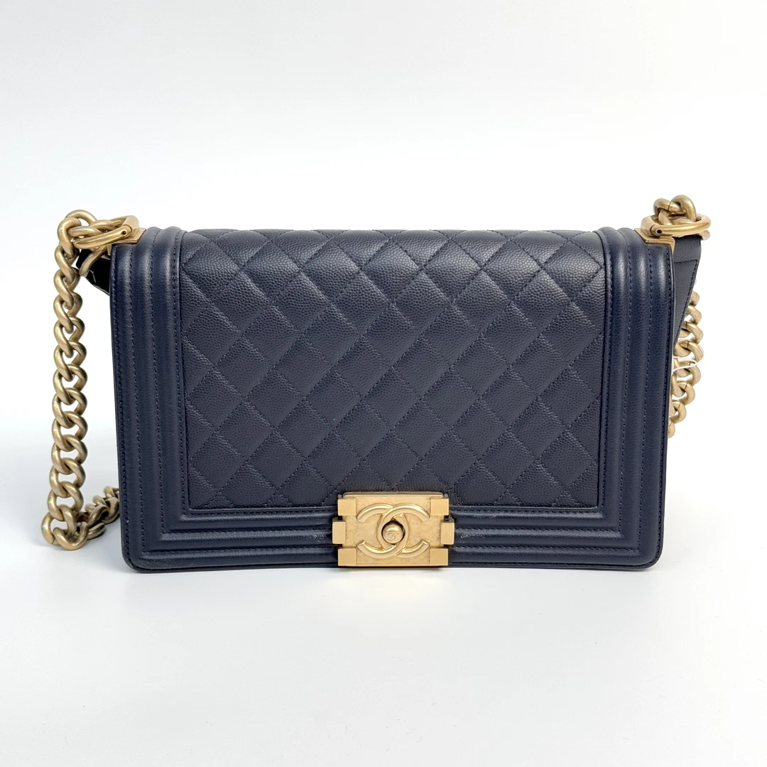 95新 Chanel/香奈儿 leboy 中号深蓝色 荔枝皮 24开咨询客服