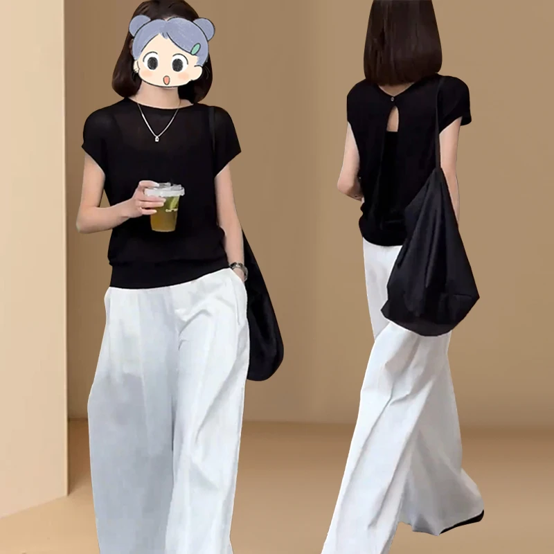 夏季搭配一整套女2025新款休闲时尚百搭黑色短袖白色阔腿裤两件套
