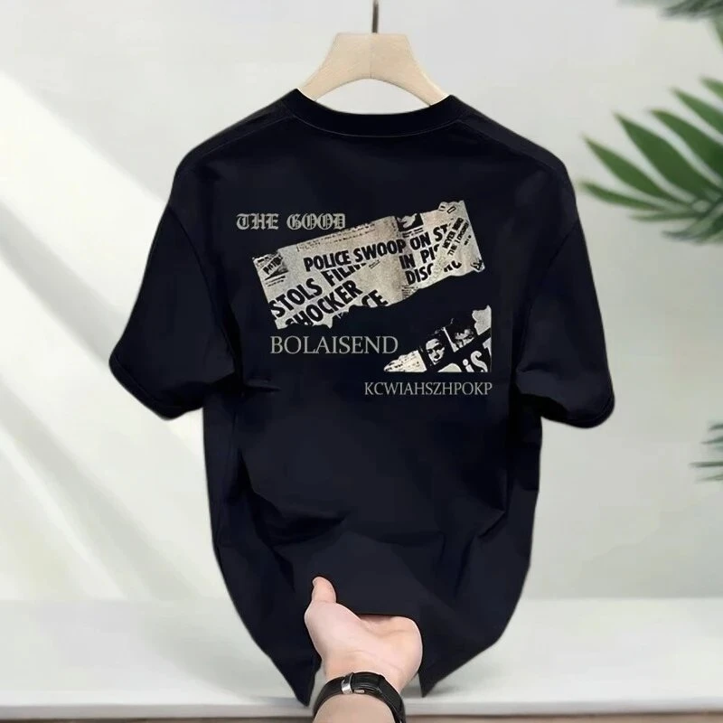 仓石一树潮牌黑色圆领短袖T恤男士2025夏季新款黑色时尚宽松上衣