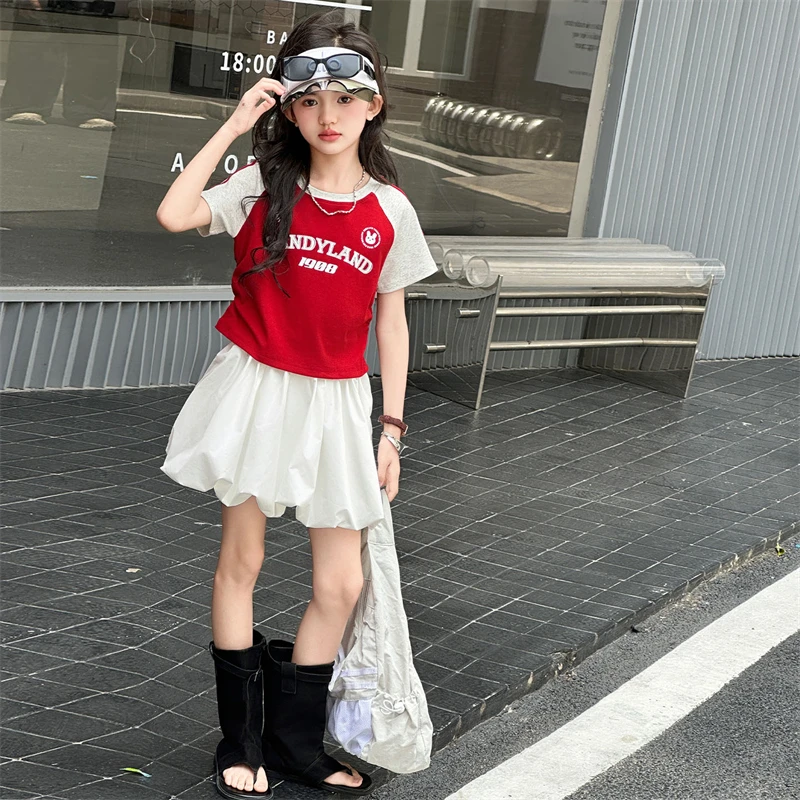 女童夏季套装2025新款儿童洋气时髦T恤女大童短袖花苞裙裤两件套