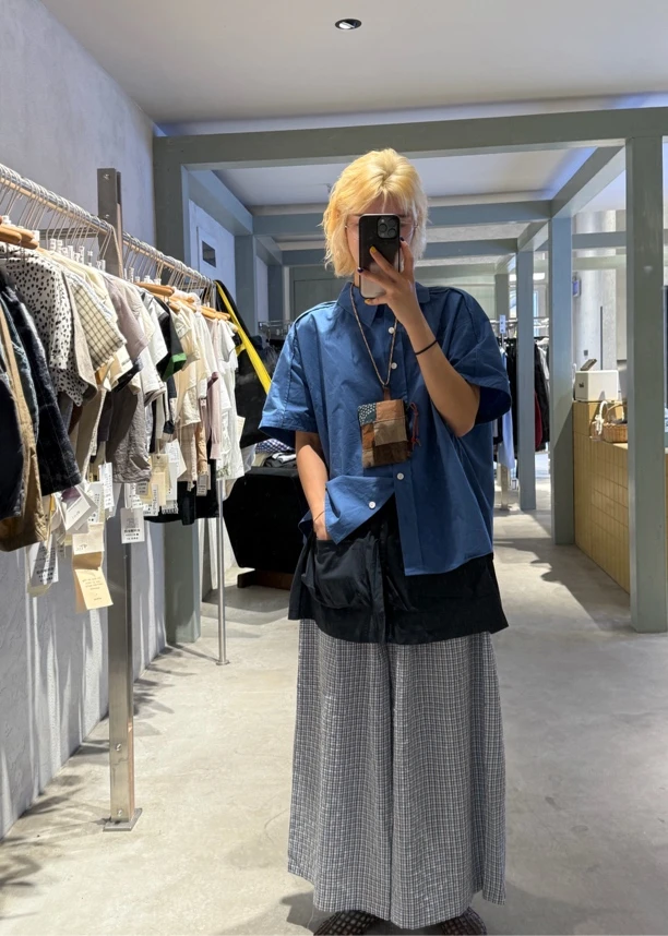 蓝色条纹短袖衬衫女夏季宽松休闲小众美式复古上衣