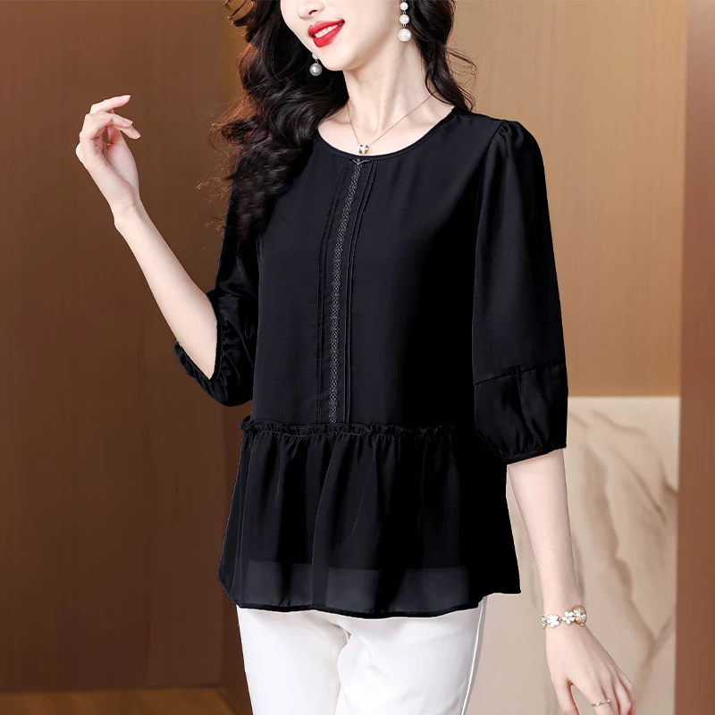 妈妈夏装中袖洋气小衫2025新款时尚T恤上衣大码雪纺衫中老年女装
