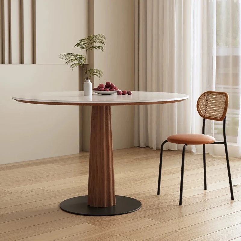 实木岩板圆形餐桌中古风复古小户型简约家用北欧洽谈大圆桌椅组合