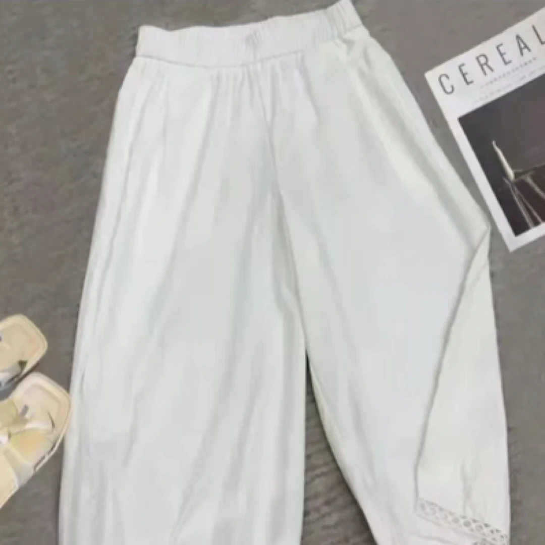 2025夏季宽松百搭镂空花边休闲阔腿裤显瘦薄款