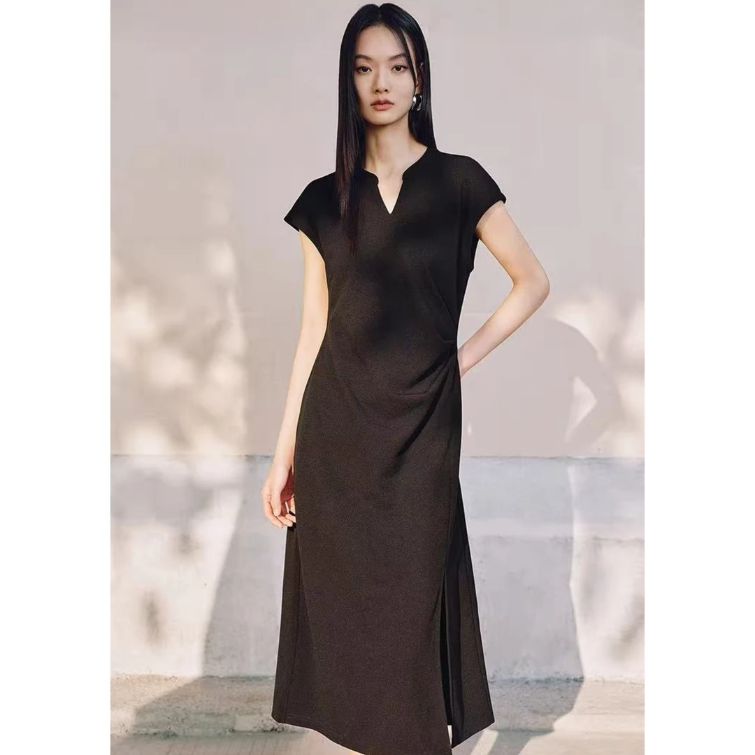 WYK M胸92-130长108小V领开叉收腰显瘦中长款基础简约连衣裙 2276