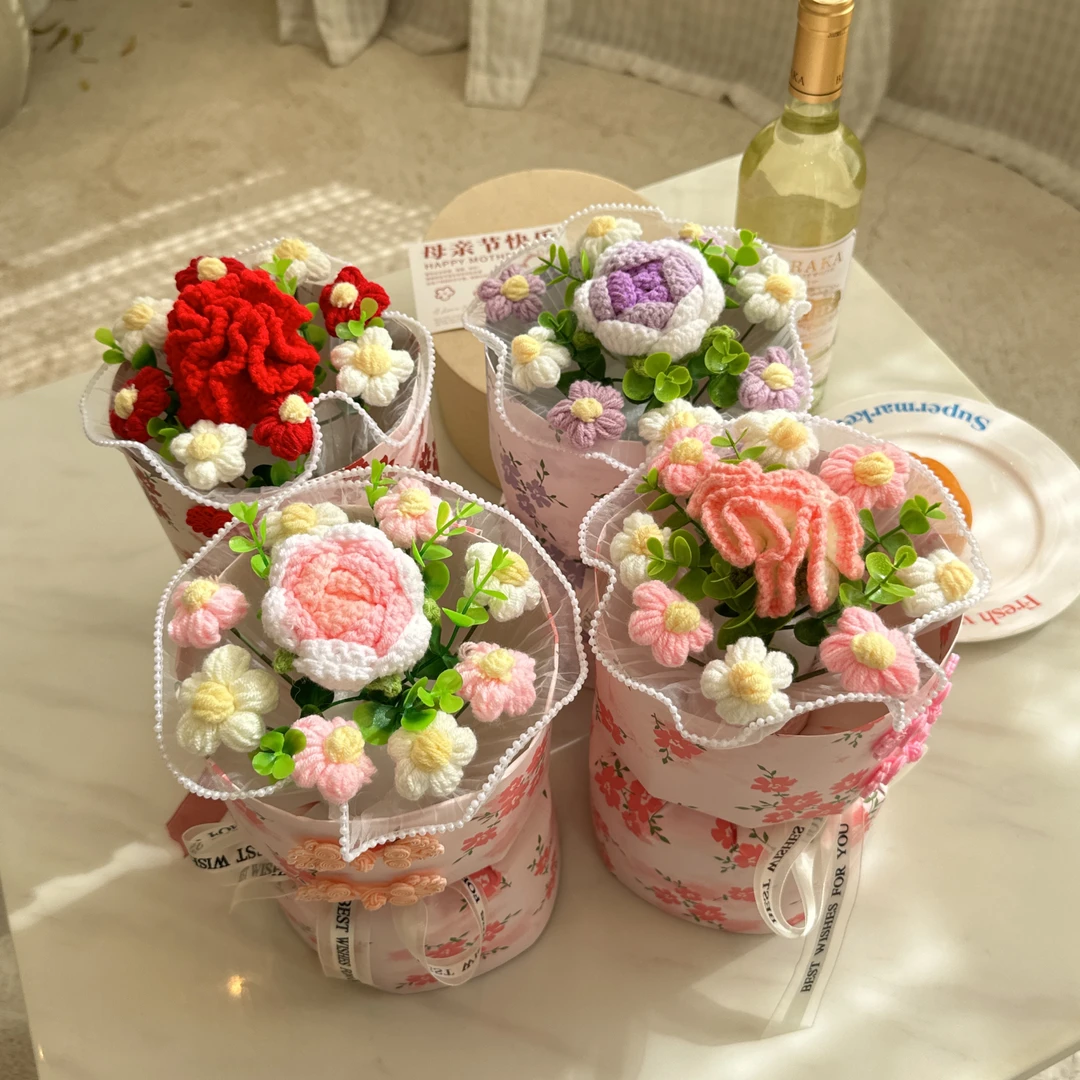 小香风纯手工针织毛线康乃馨玫瑰花束母亲节送妈妈长辈礼物