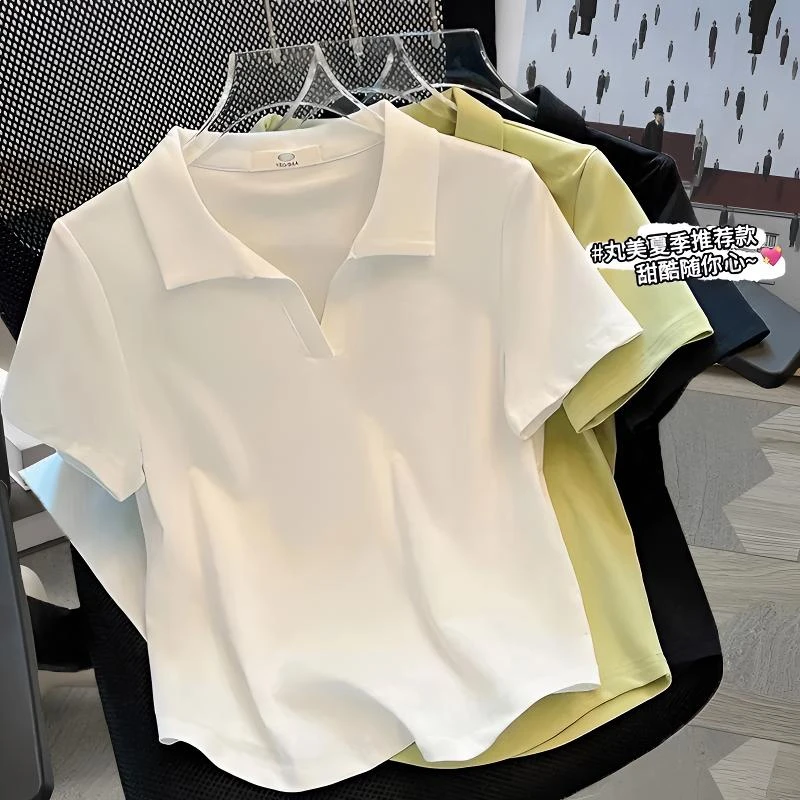 高品质POLO领气质V领显瘦减龄短袖t恤2025夏新款宽松百搭女生上衣