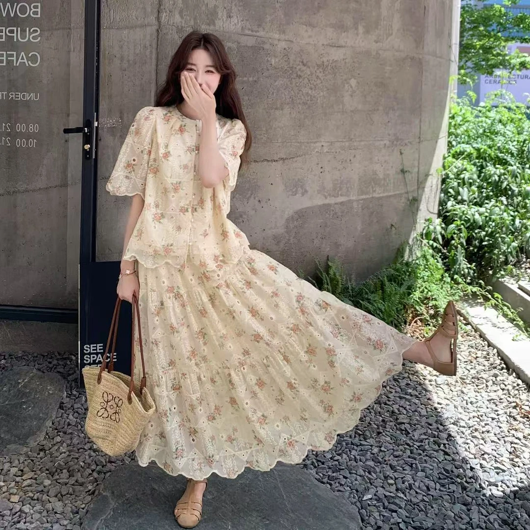 FRVXO法式复古小清新碎花套装裙夏 2025新款今年流行半身裙两件套