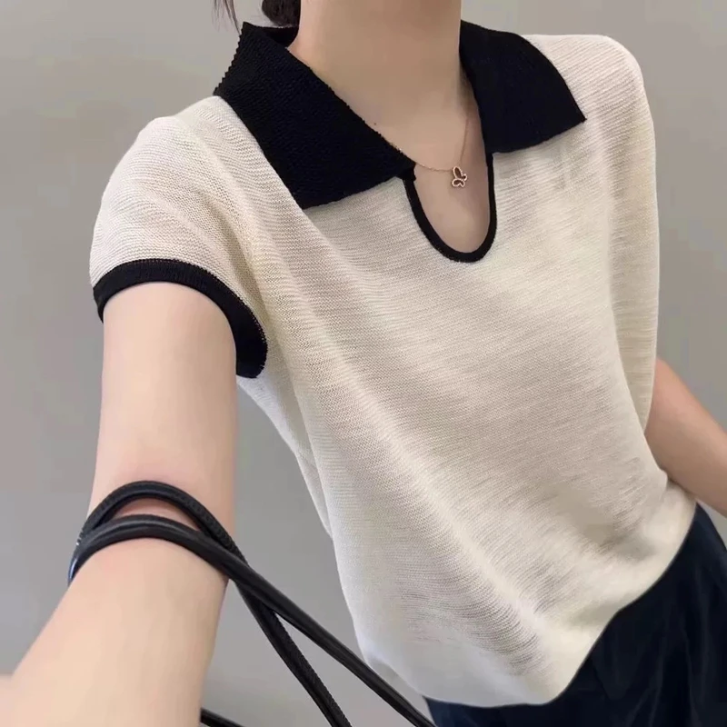 100莱赛尔天丝时尚u型翻领针织衫女百搭减龄薄休闲拼色修身8855