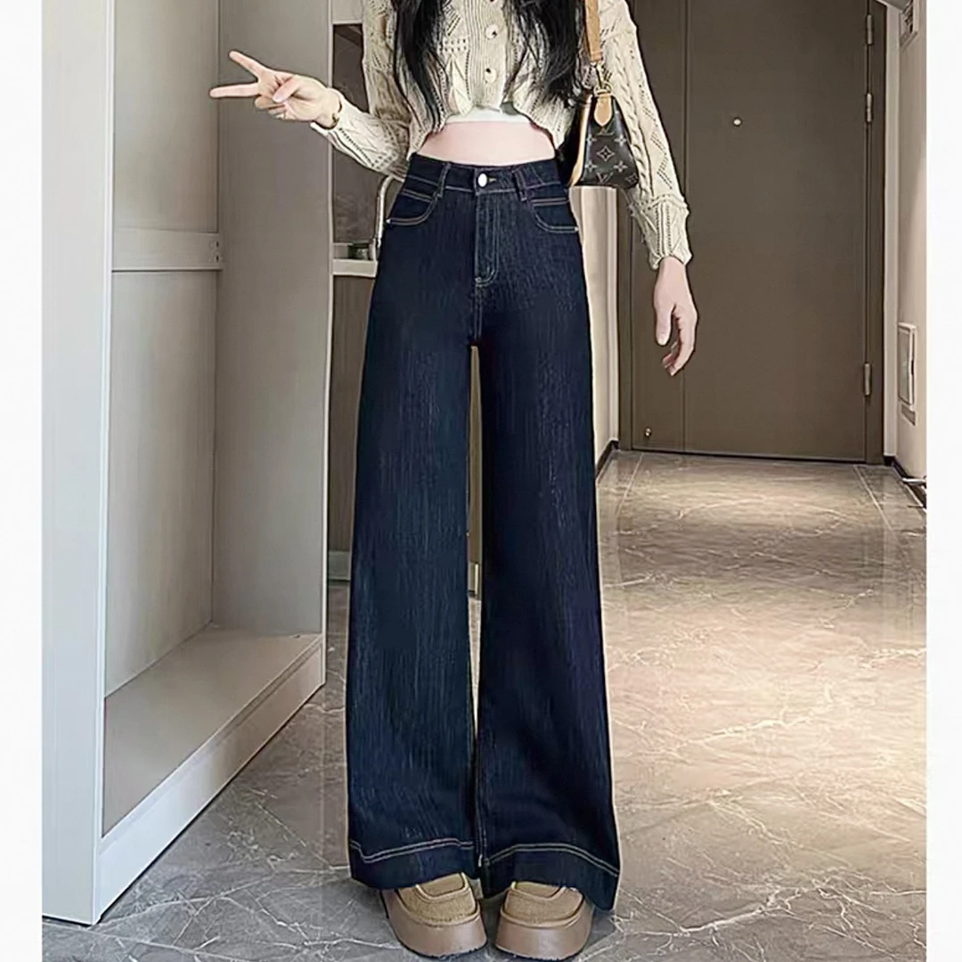 丹宁蓝阔腿牛仔裤女夏新款显瘦高腰软牛仔宽松垂顺直筒拖地裤薄款