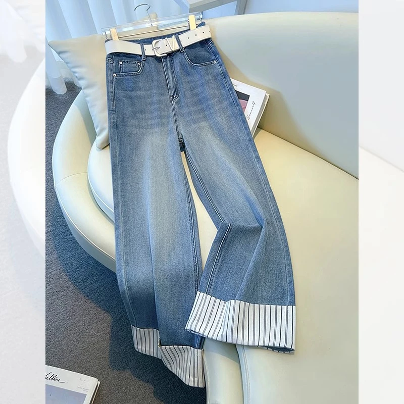La babite拼接阔腿牛仔裤女2025年春夏新款时髦百搭时尚直筒长裤