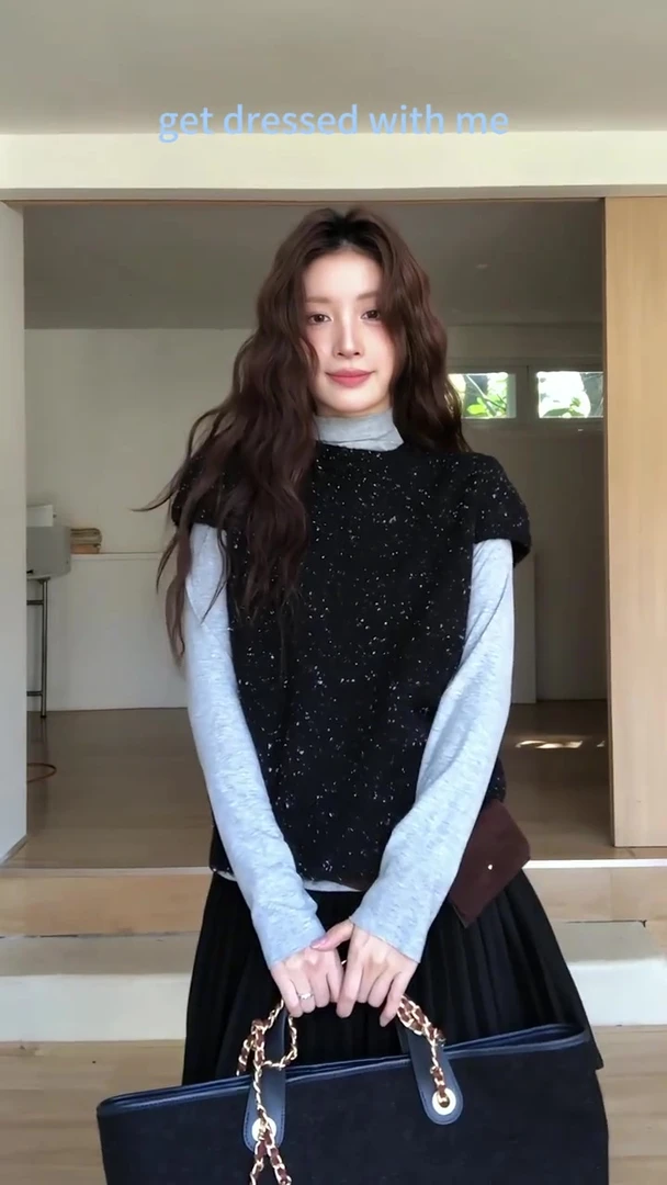 秋季新款拍照必备衣服韩版修身高领内搭气质针织马甲高腰短裙套装