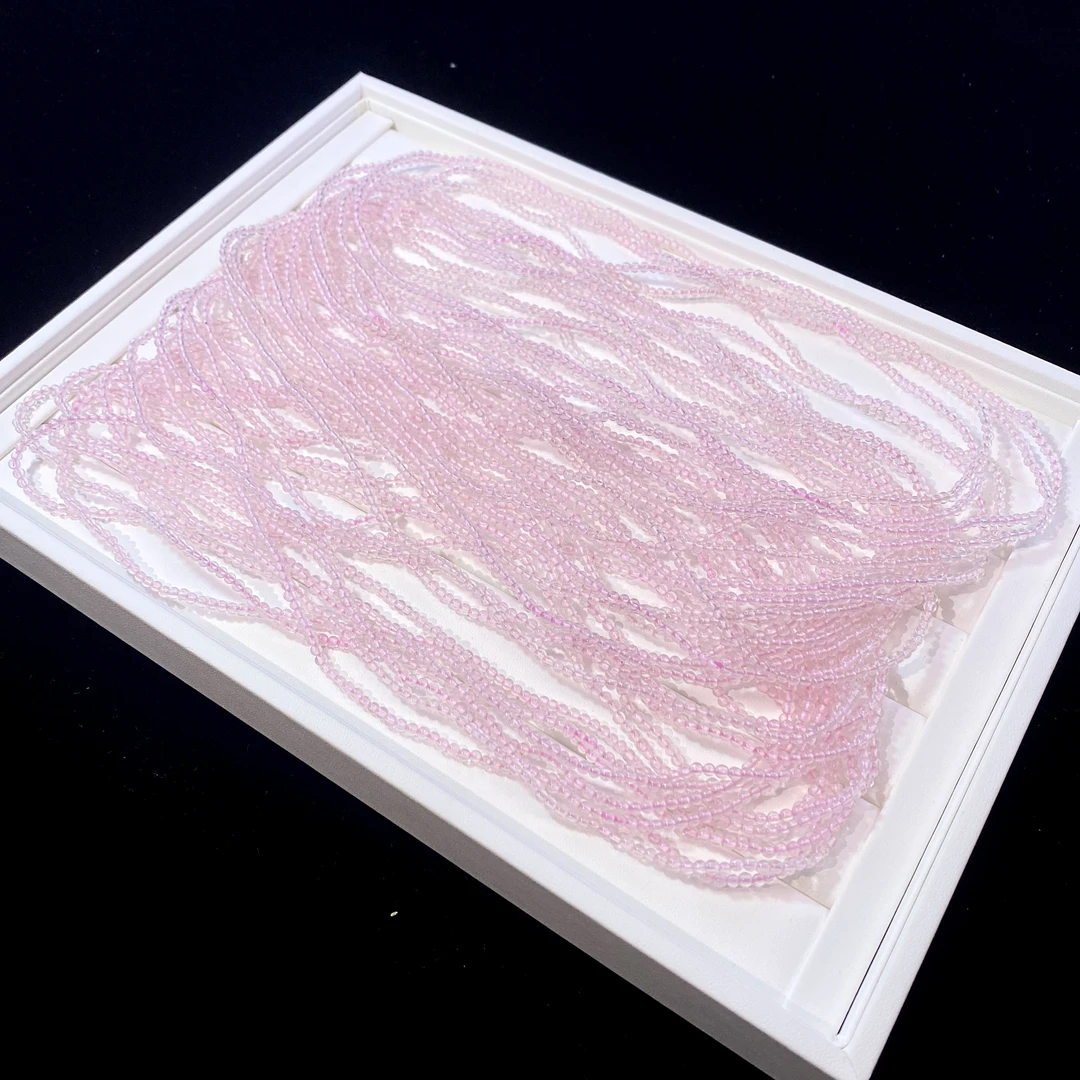 天然高透粉水晶小米珠三圈手串3mm