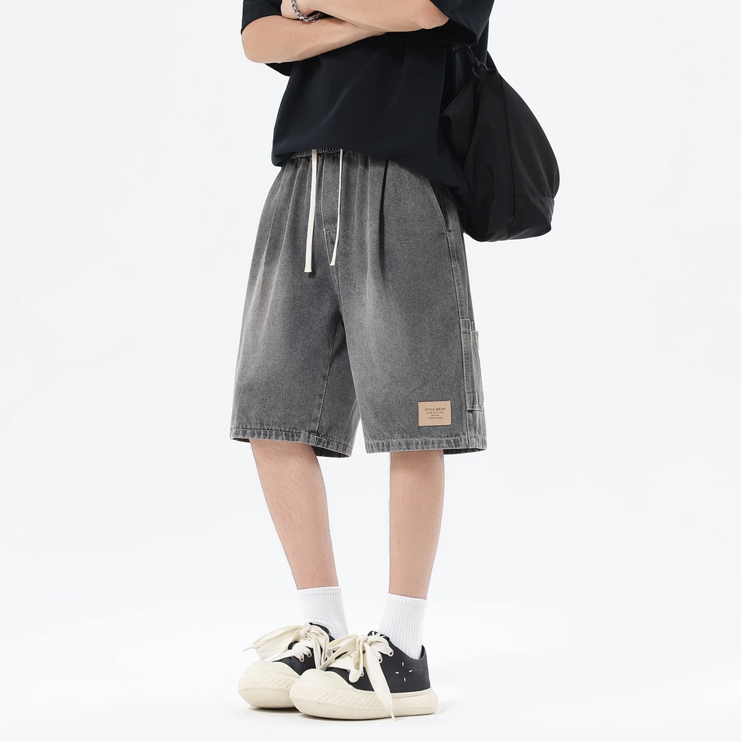 贴标拼接牛仔短裤男款夏季薄款宽松工装五分裤美式潮牌青少年中裤