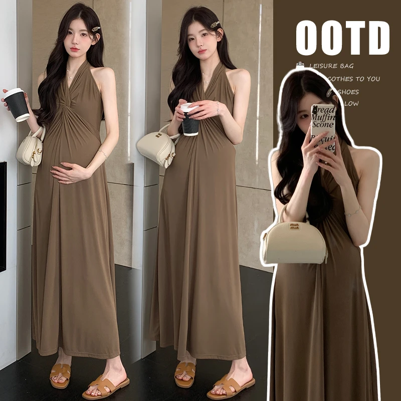 孕妇装韩版显瘦时髦洋气夏季法式修身弹力挂脖洋气气质长款连衣裙