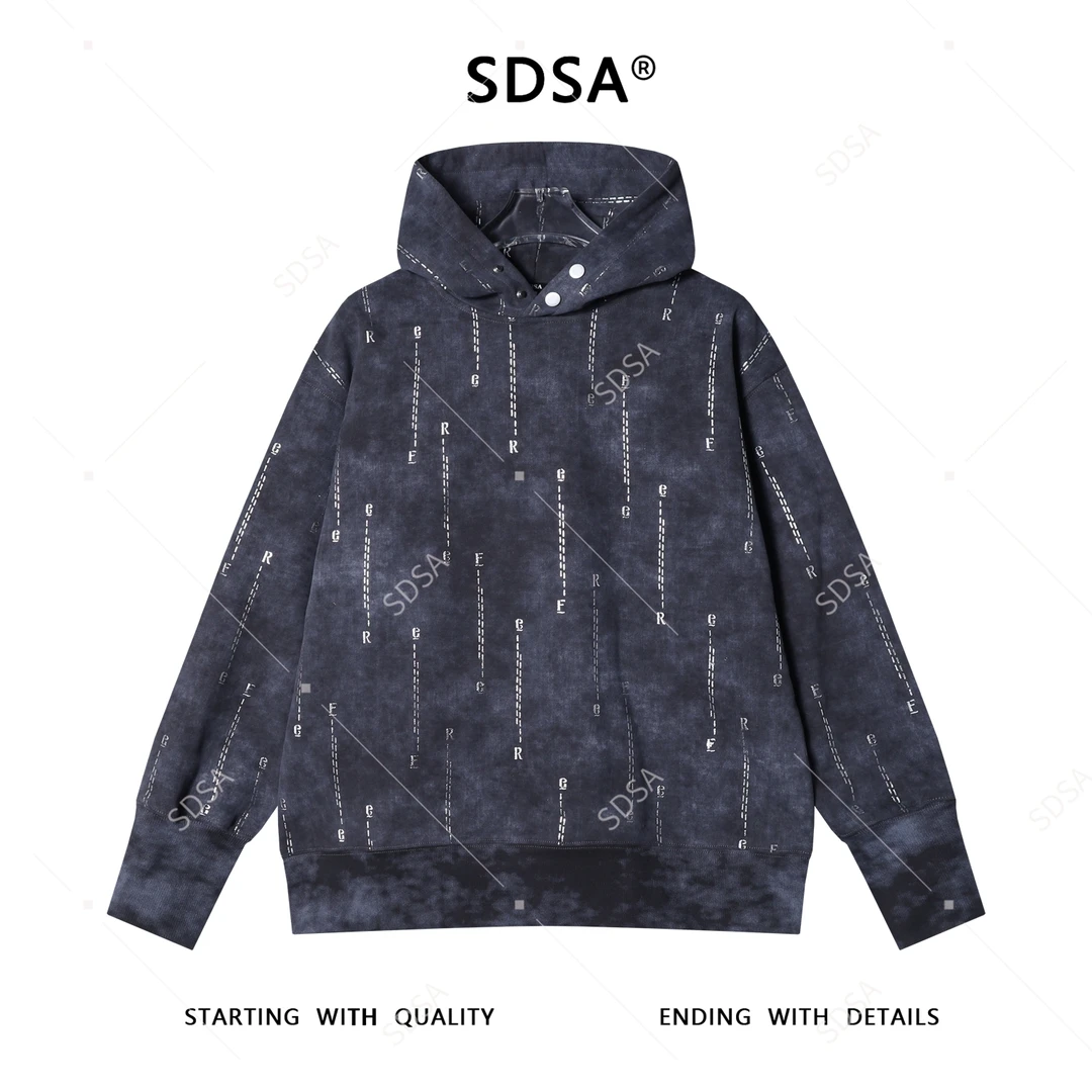 SDSA秋冬新款痞帅男装潮牌扎染滴胶虚线字母按扣连帽卫衣百搭宽松