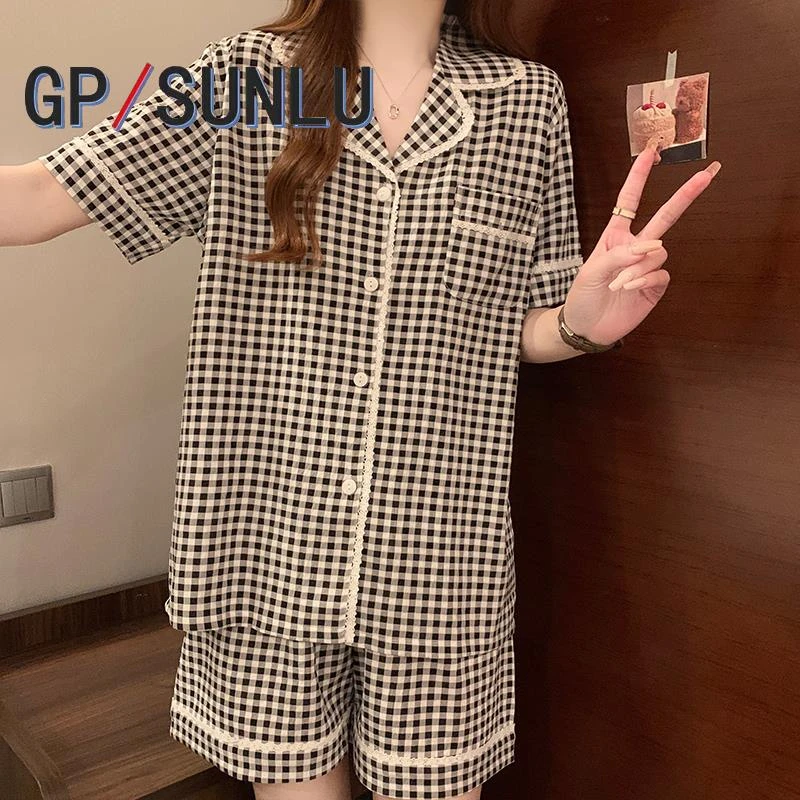 日本小众GP甜美ins风格子睡衣女款夏季云朵棉短袖套装可外穿家居