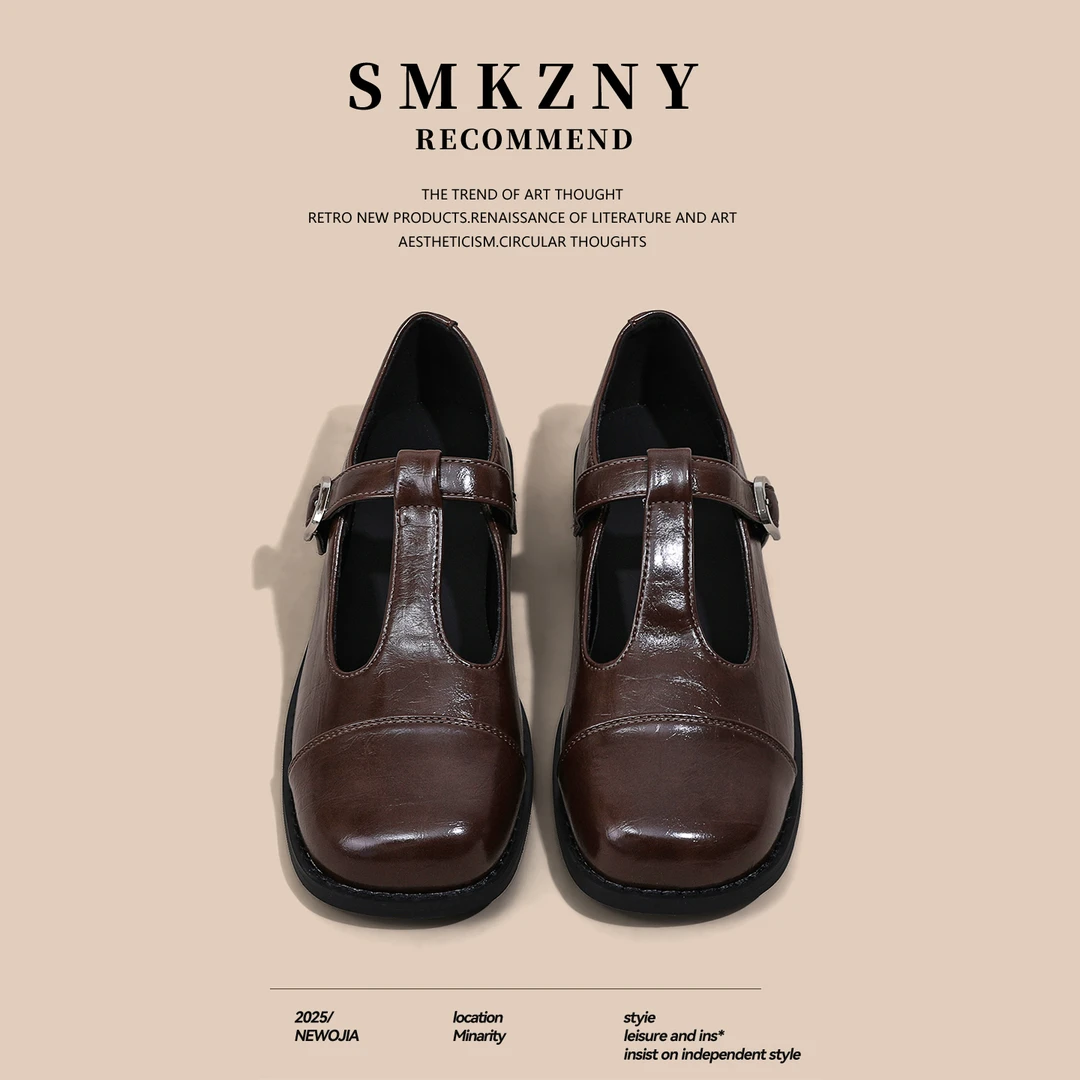 方头法式玛丽珍女鞋2025年新款秋季粗跟单鞋百搭时尚英伦风小皮鞋