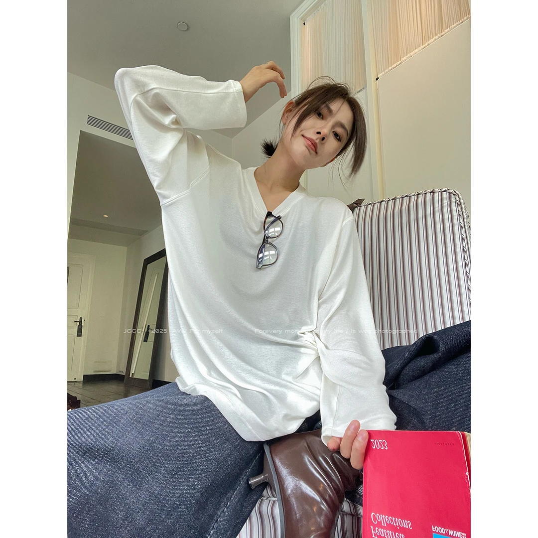 JCCC影子【第二层肌肤】白色绵羊毛莱赛尔圆领长袖T恤JE5BBT26