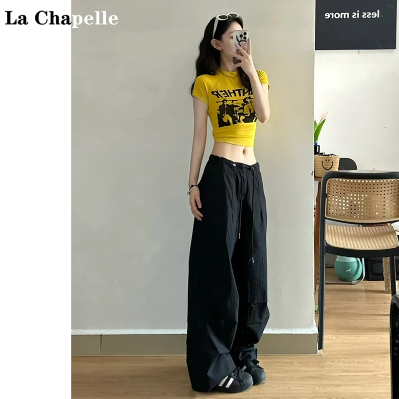 拉夏贝尔欧若风黑色高腰阔腿工装裤女2025早秋新款冰丝速干休闲裤