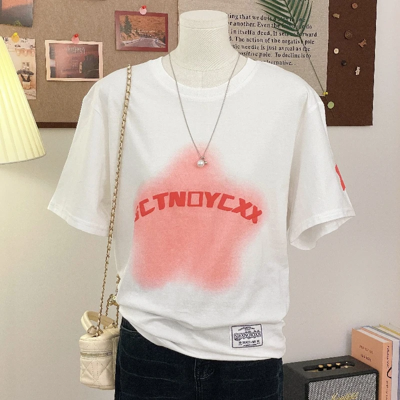 特大码300斤美式复古星星字母印花短袖t恤男女夏季情侣设计感上衣