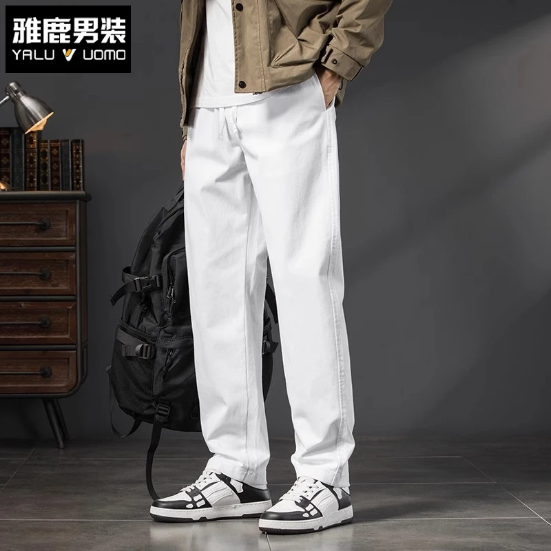 雅鹿三防白色休闲裤男士秋季2025新款宽松直筒男裤弹力松紧腰男裤