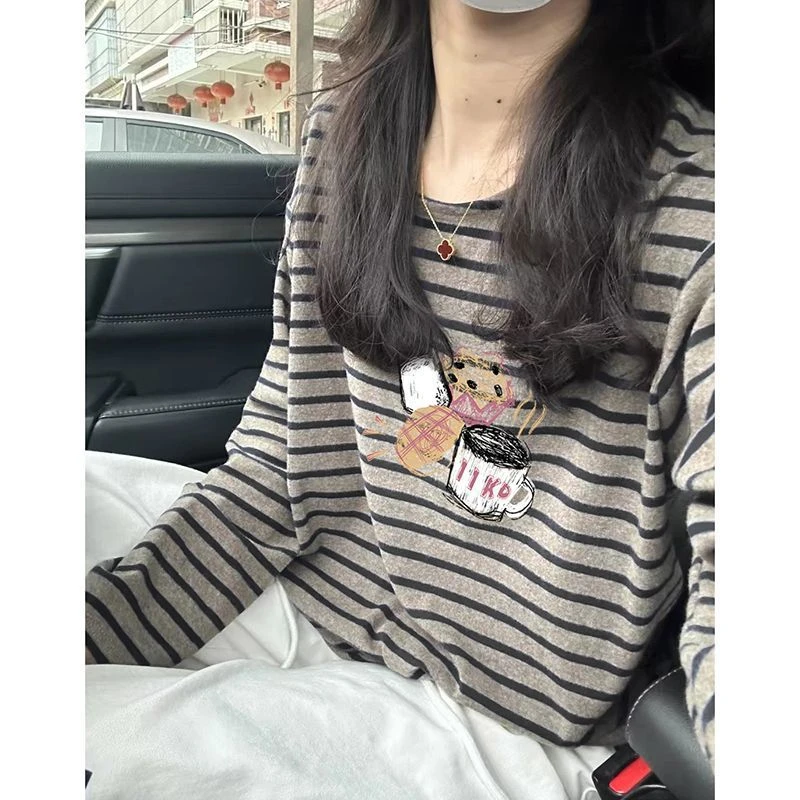 2025新款圆领打底衫女秋季宽松显瘦小众慵懒条纹百搭休闲长袖t恤