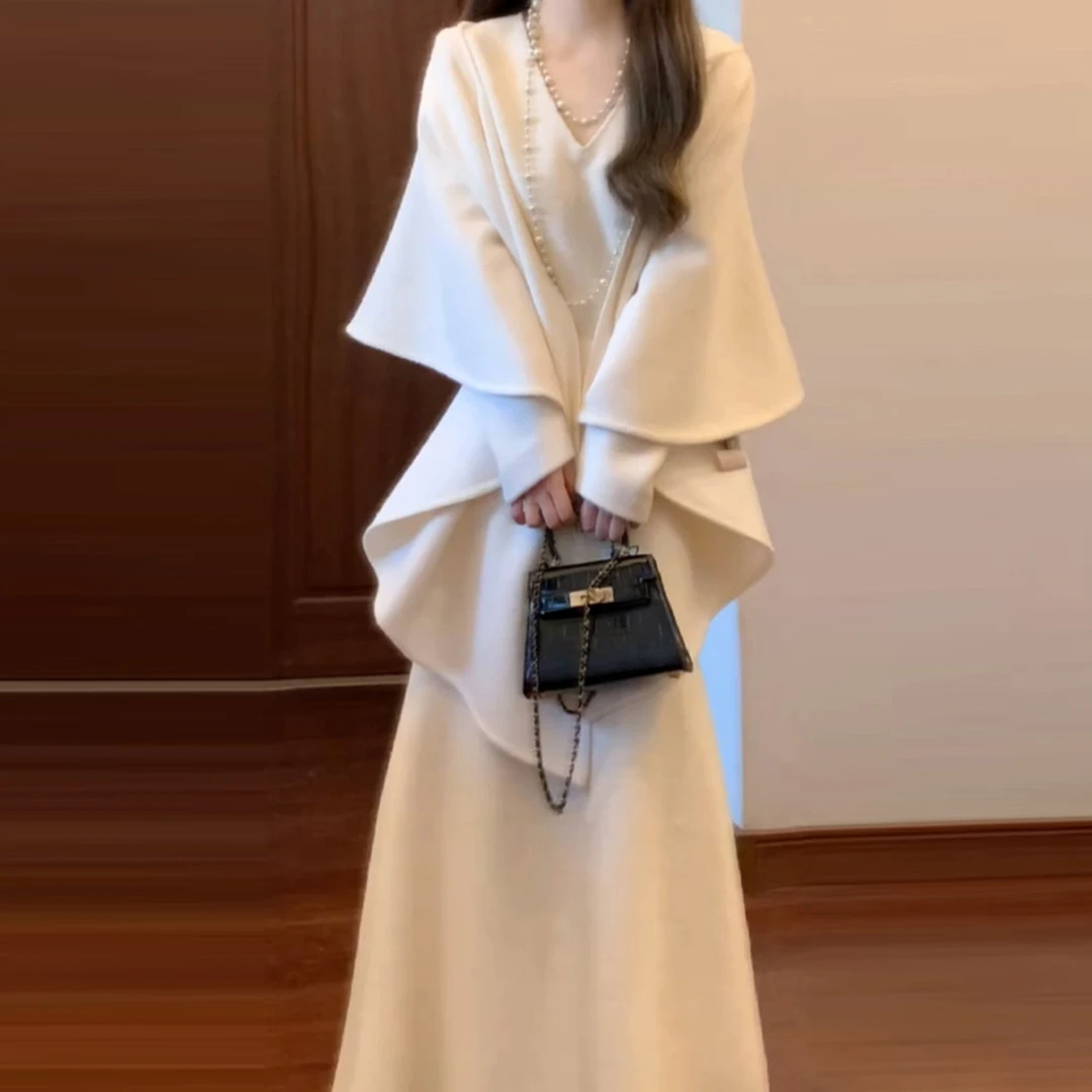 法式名媛减龄小香风白色披肩鱼尾长裙套装秋冬气质长袖连衣裙子女