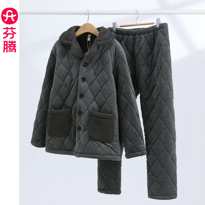 芬腾秋冬季天2024新款男士三层夹棉珊瑚绒加绒加厚套装家居服睡衣