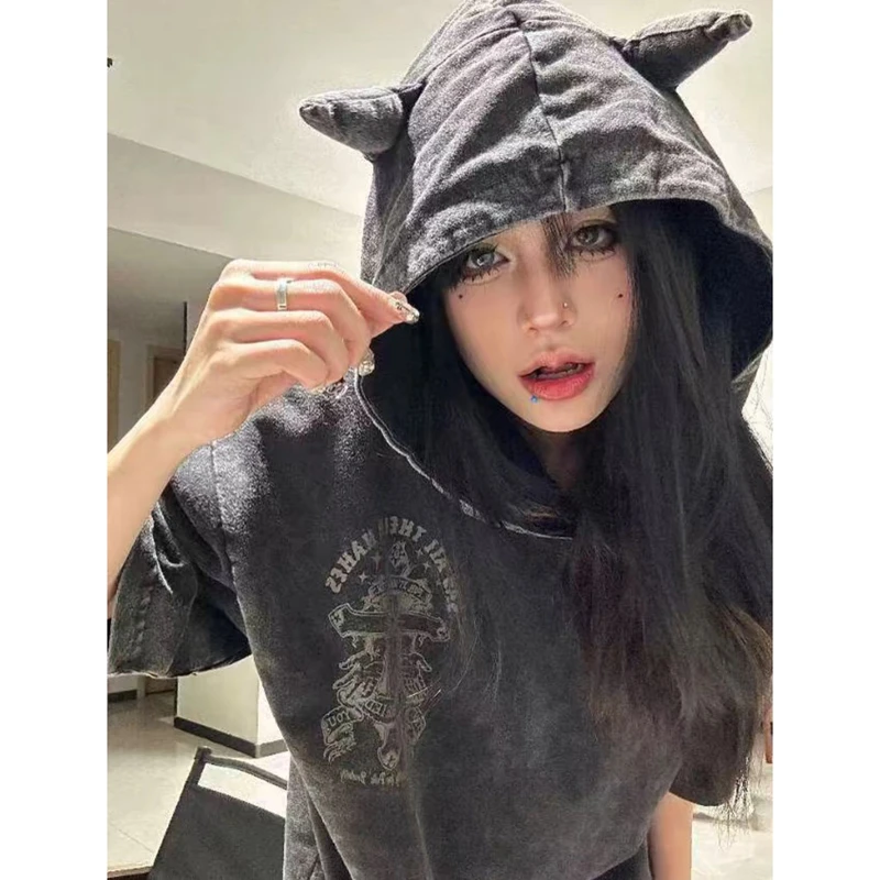 ZCNT欧美高街十字印花连帽印花短袖T恤男暗黑设计感水洗黑色半袖