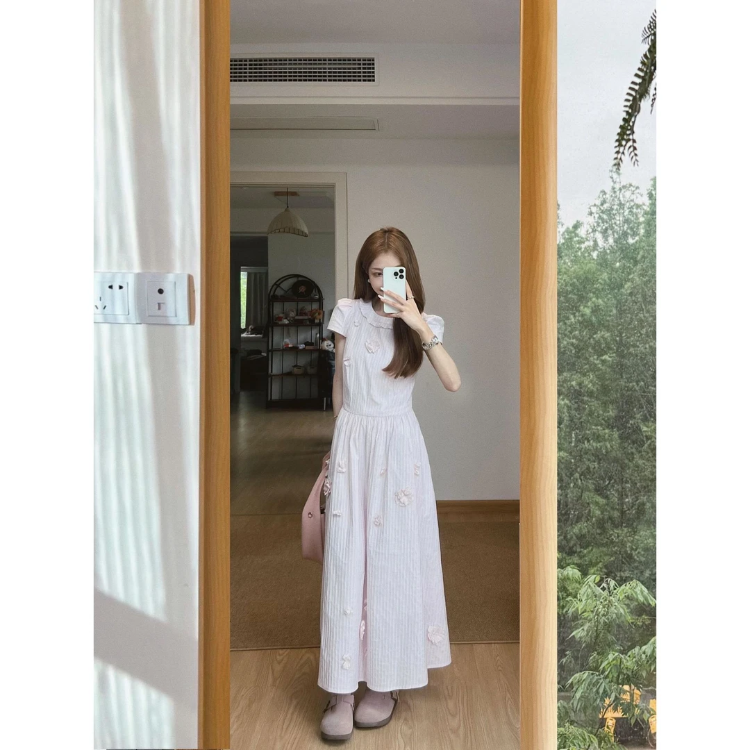 法式设计感立体花朵泡泡袖白色连衣裙裙子甜美减龄收腰绝美长裙