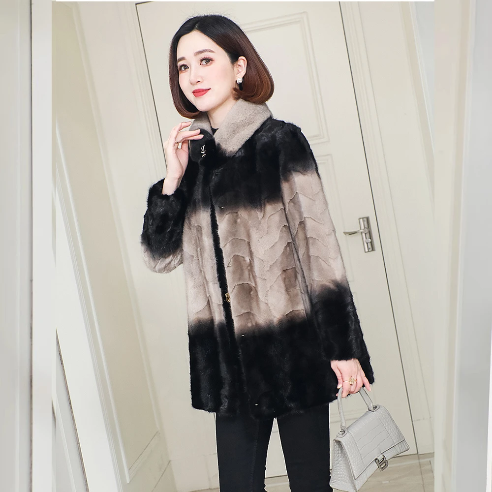 海宁新款貂皮大衣女中长款大码中老年妈妈水貂皮草时尚裘皮外套冬