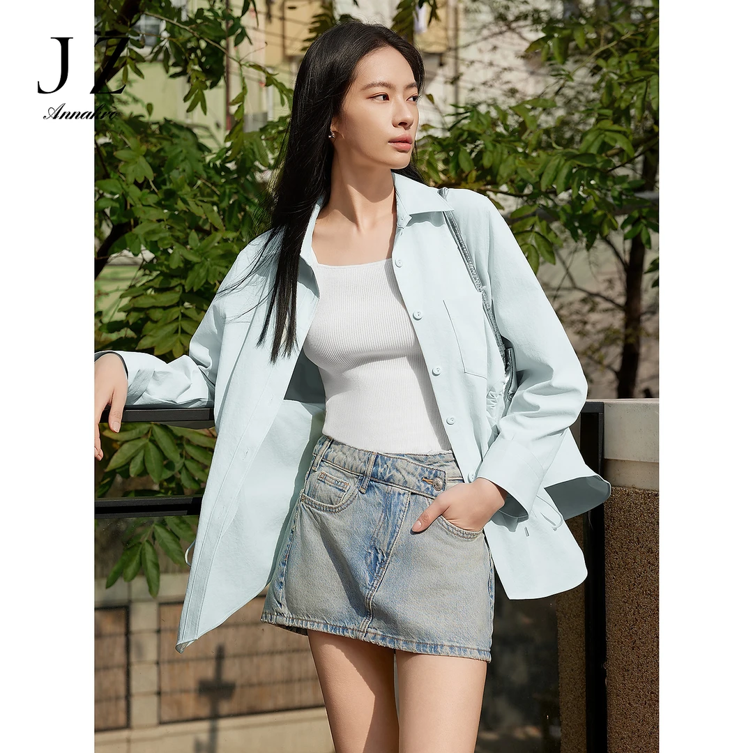 玖姿安娜蔻时髦松弛设计感弧线抽绳衬衫式风衣女2025春季新款