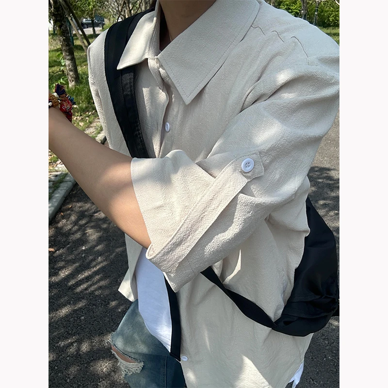 卡其色竹节棉透气衬衫短袖男夏季日系Cityboy卷边衬衣设计感寸衫