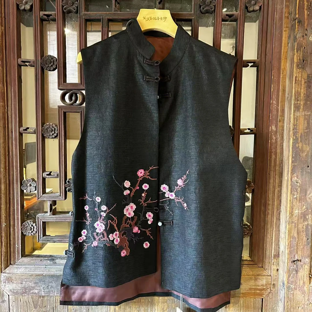 艾可原创 柞蚕丝 马甲 绣花 香云纱 中式立领