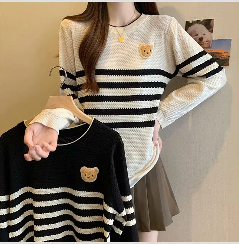 时尚宽松减龄圆领毛针织衫撞色条纹抽绳针织衫长袖